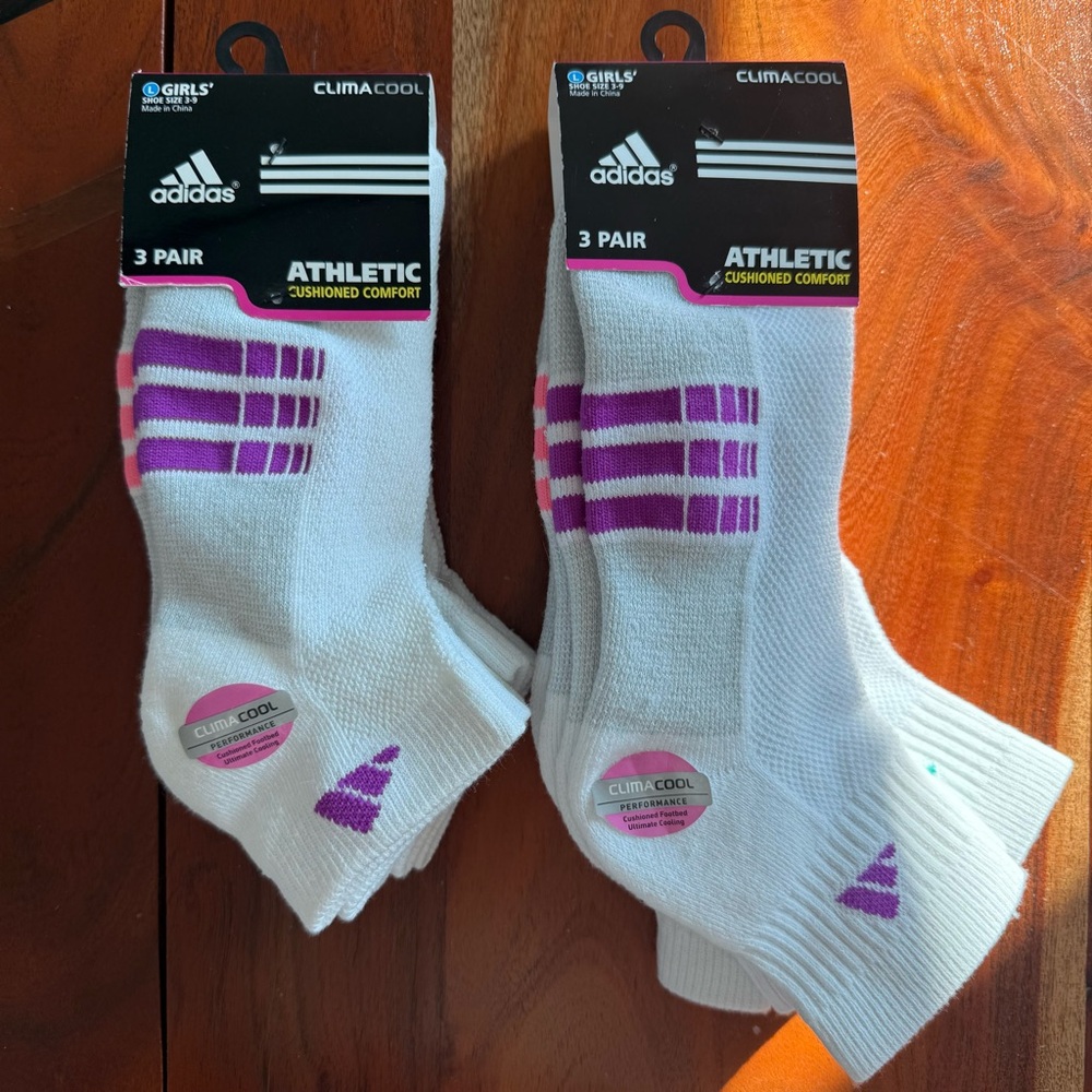 🦊 2 Packs Adidas ClimaCool White and Purple Athletic Kids Socks
